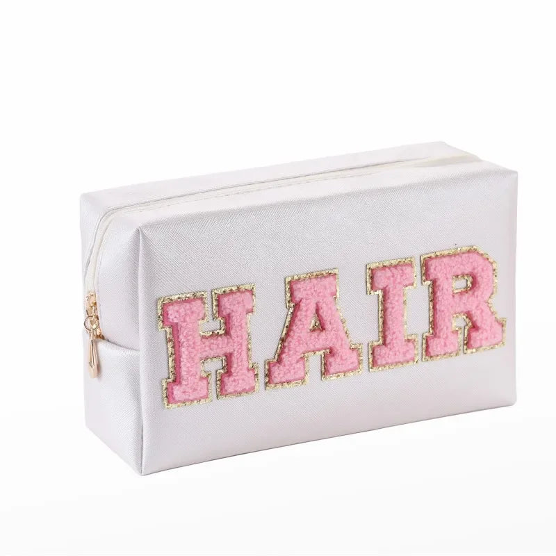Patch Cosmetic Bag Stitched Letters PU Leather Waterproof Cosmetic Bag Travel Organizer for Women Teen Girls Makeup Bags New