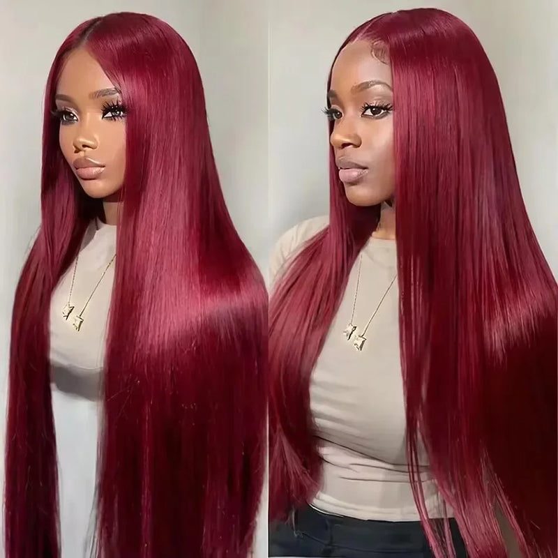 99J Colored Lace Front Human Hair Wigs Straight Burgundy 13x4 HD Transparent Full Lace Frontal Wig Red Glueless Wigs For Women