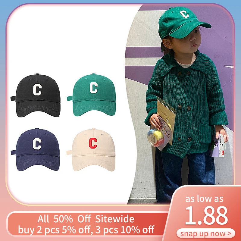 C Letter Children Baseball Hat Fashion Embroidery Kids Duck Tongue Cap Summer Outdoor Sun Visors Cotton Casual Girl Boy Bonnet