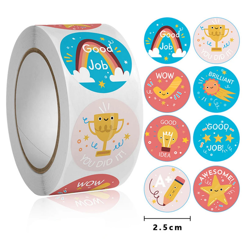 50-500Pcs Round English Cartoon Animal Stickers Teacher Reward Students Stickers Self-adhesive Stationery Stickers