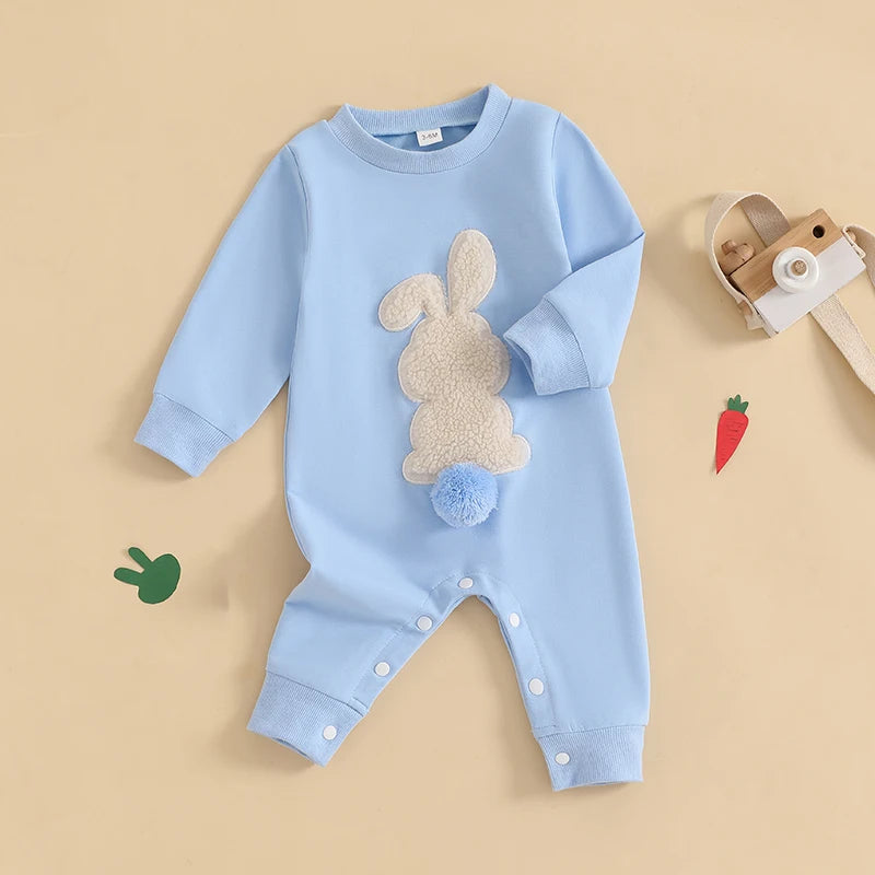 Lioraitiin Baby Girls Boys Easter Rompers Plush Bunny Embroidery Fur Ball Design Crew Neck Long Sleeve Spring Infant Jumpsuit