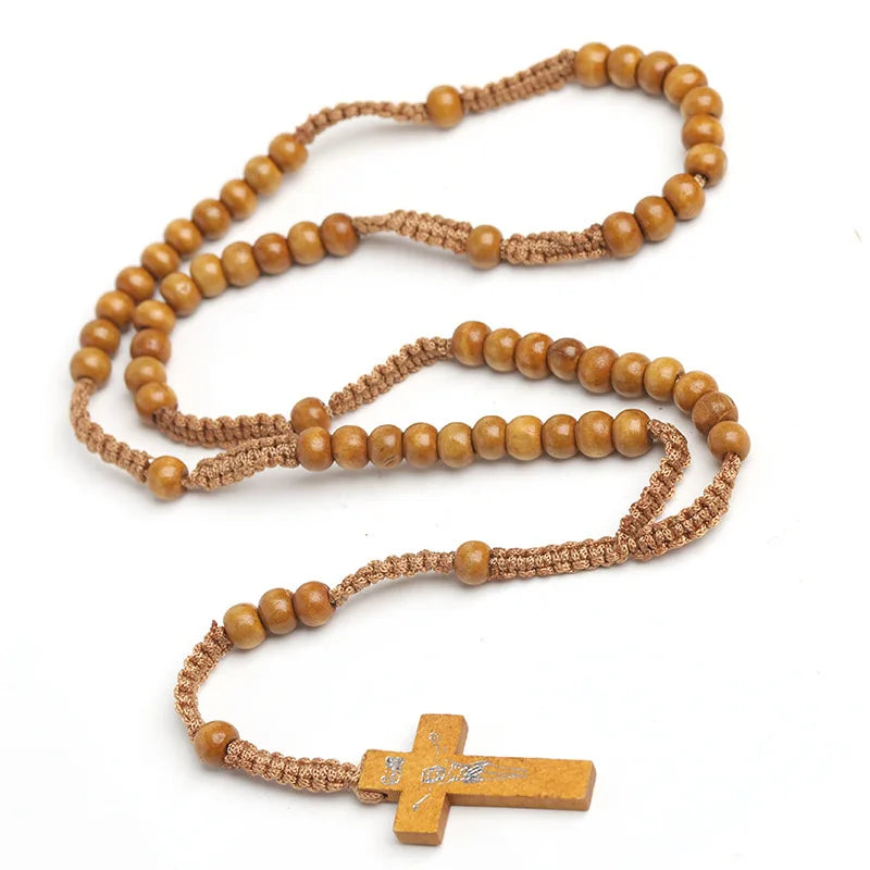 Hand Woven Jesus Christ 9mm Wooden Beads Cross Pendant Rosary Beads Necklace For Religious Orthodox Prayer Jewelry Wholesale