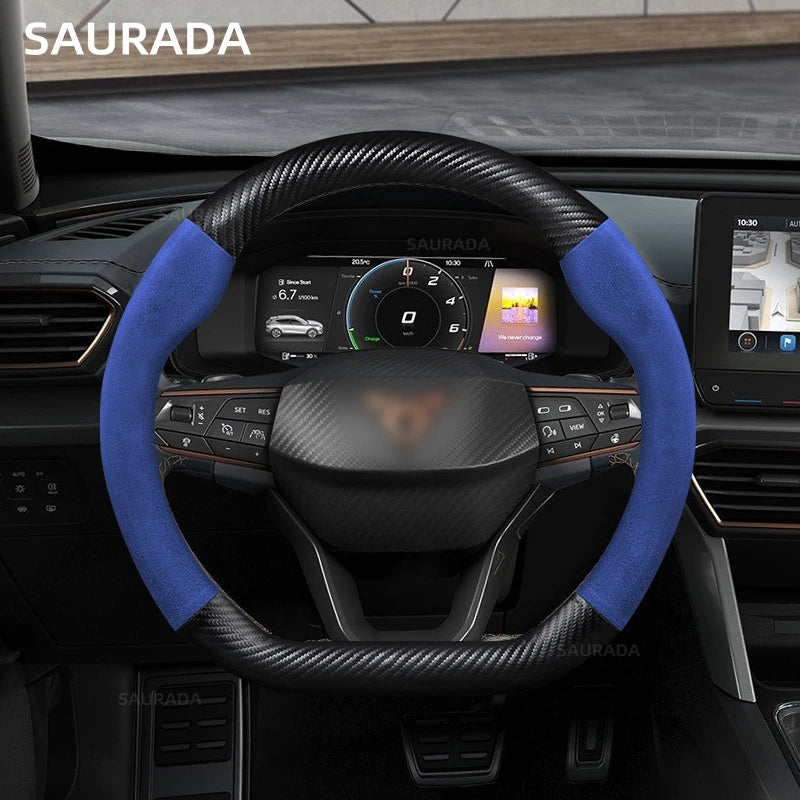 38cm Car Steering Wheel Cover For Seat Cupra Leon Mk3 Mk2 5f Ibiza 6j 6l Ateca FR Formentor 38cm Suede Cowhide Leather D Type