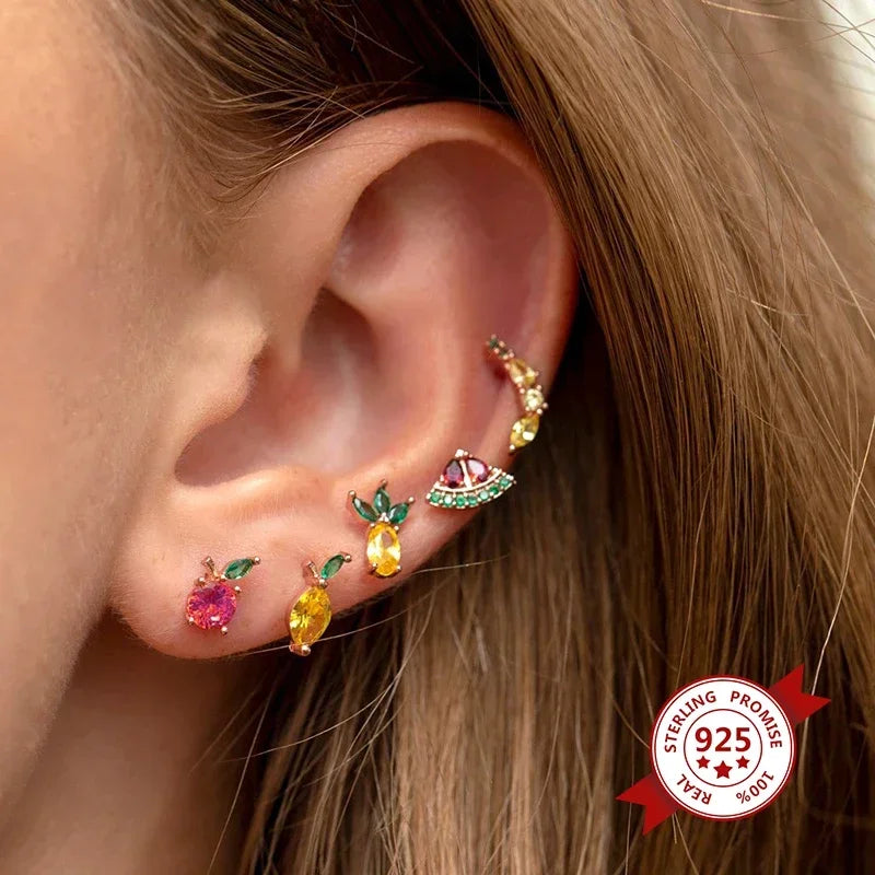 Colorful 925 Sterling Silver Ear Needle Crystal Zircon Mini Cute fruit Animal stud Earrings For Women delicate Fashion Jewelry