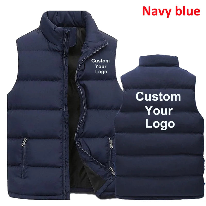 Fashion Men's Custom Your Logo  Casual Jacket Fashionable Warm Down Vest Slim Fit Sleeveless Thicken Stand Collar Vest Jacket