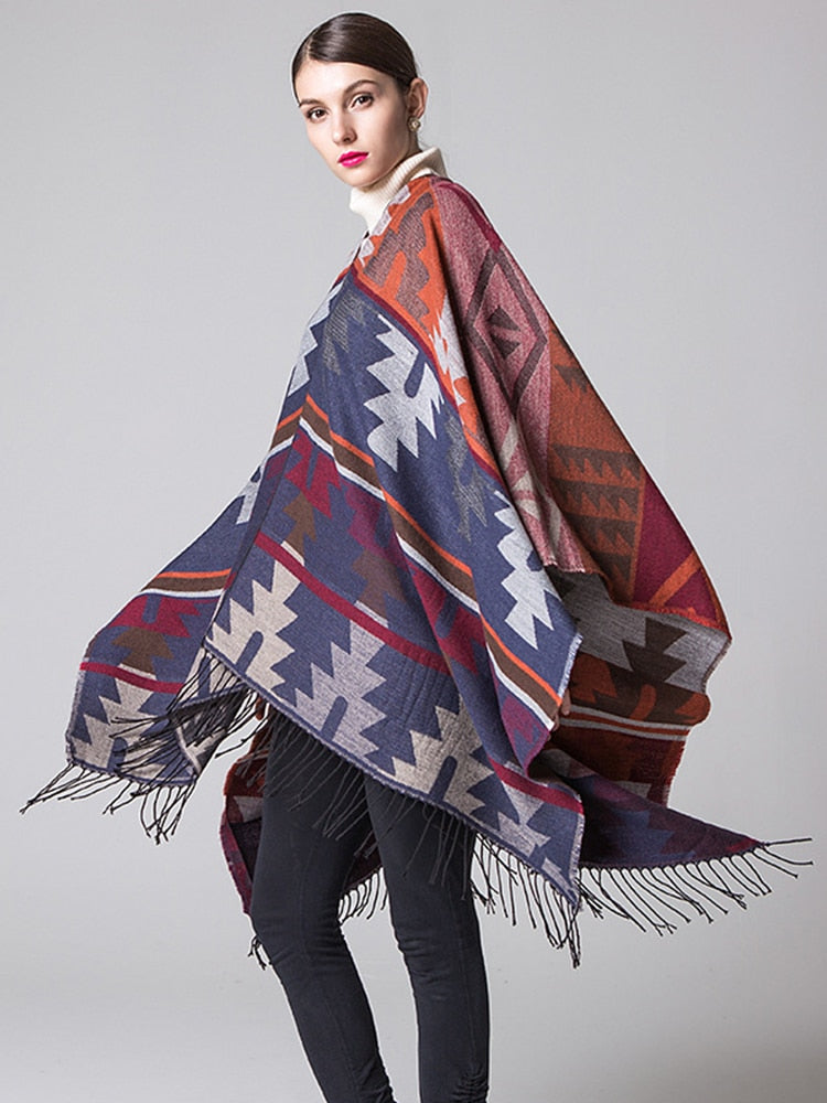 Imitation Cashmere Women Vintage Geometric Tassel Poncho Scarf Winter Warm Shawl Wrap Comfortable Female knitted Thick Blanket