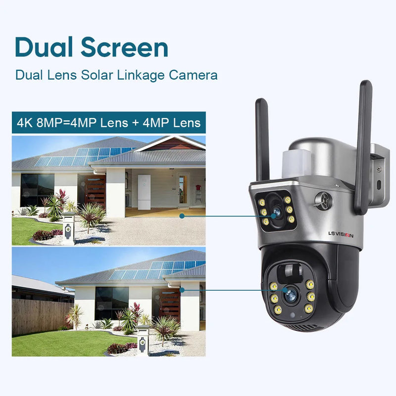 LS VISION 4K 8MP Wireless Solar Camera Dual Screen WiFi PTZ Camera Outdoor Built-in Battery Video Surveillance Camera V380PRO