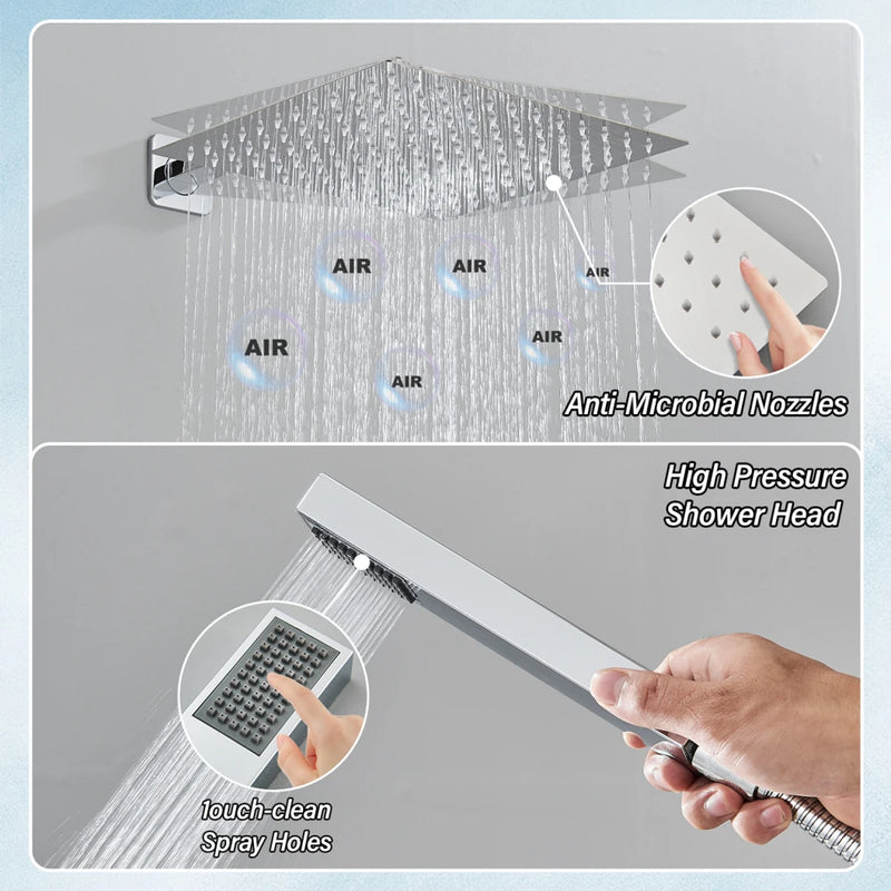 Chrome Bathroom Shower Faucet Set 2/3 Way Rainfall Mixed Brass Diverter Mixer Tap 8-16" Head Wall Mounted Embedded Box Control