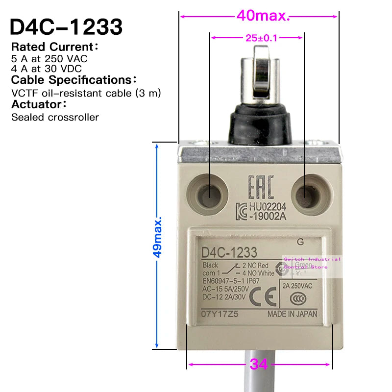 High strength waterproof travel limit switch D4C-1202 1201 1203 1220 1224 1231 1232 1233 1250 1260 1620 3324 Enclosed switch1227