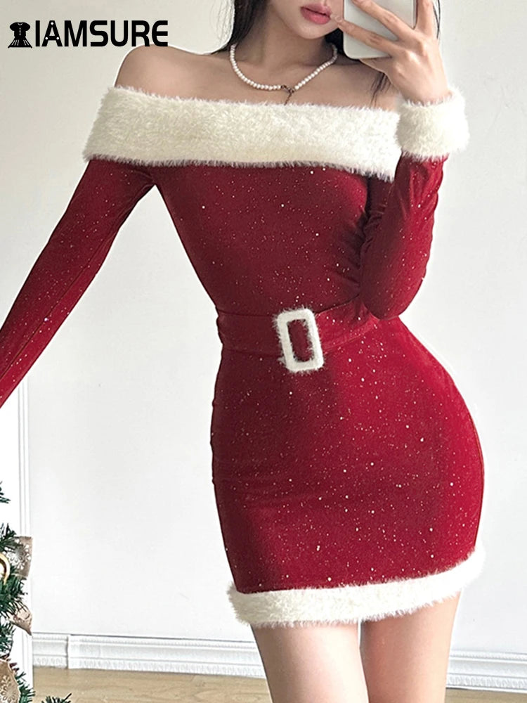 IAMSURE Christmas Party Dress Slim Patchwork Fur Trim Bodycon Dress With Belt Casual Slash Neck Long Sleeve Mini Dresses Women