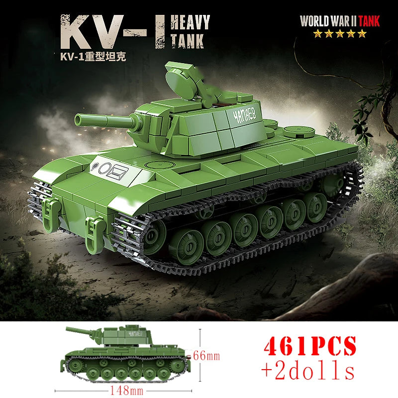 Military World War Russian T-34 KV-1 Heavy Tank Building Blocks WW2 American M4A3 Sherman Stuart Tank Technical Bricks Kids Toys