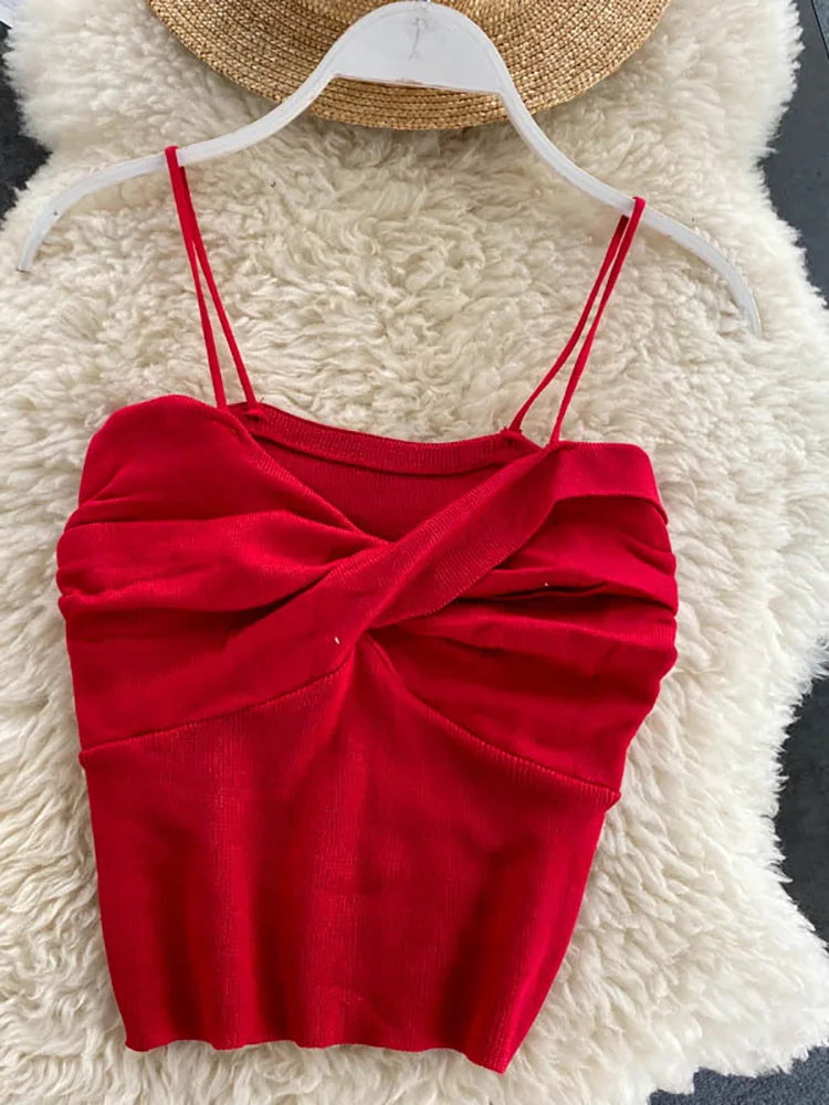 Heliar Women Pleated Strapy Camisoles Female Slim Crop Tops Knitted Sexy Tops For Women Cloth 2024 Summer