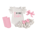 Adorable Baby Easter Outfit with Bunny Print Romper Ruffled Shorts Headband and Long Socks - 4 Piece Set for Your Little Girl