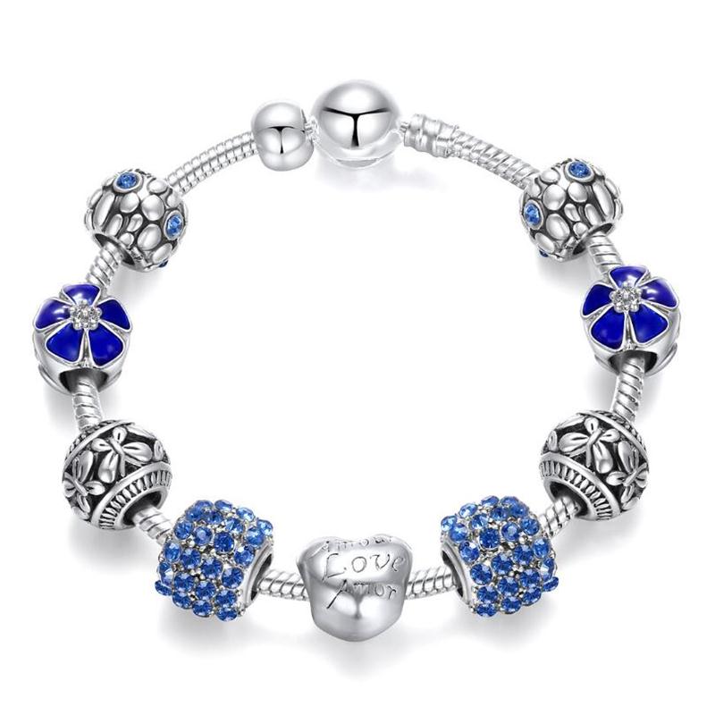 LMNZB NEW Trendy Tibetan Silver Four Leaf Clover Bracelet With Crystal Beads Charm Bracelet Bangle For Women DIY Jewelry