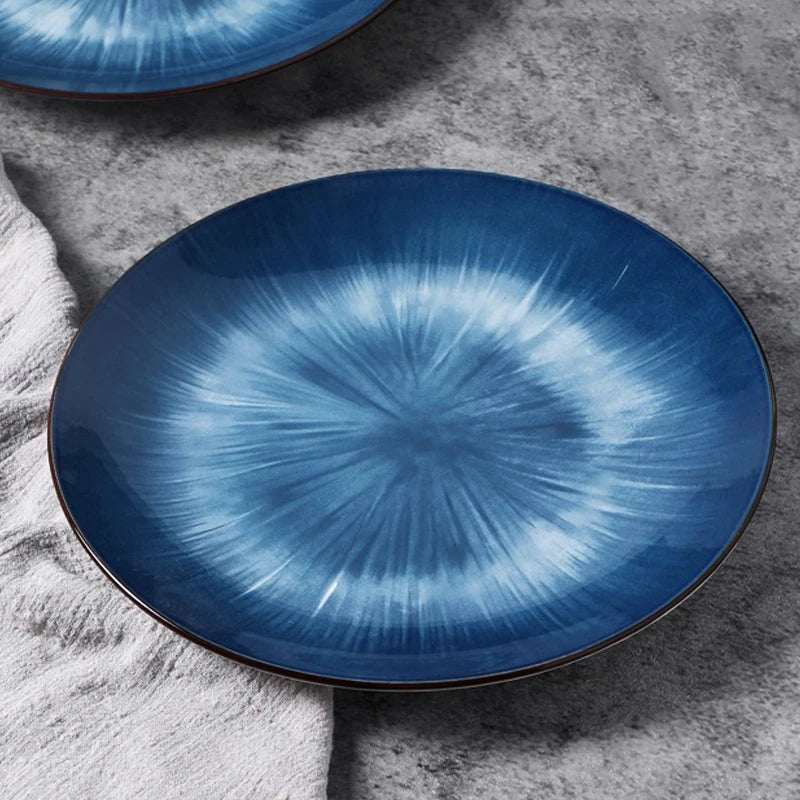 Japanese Retro Flat Plate 10 Inch Blue Gradient Ceramic Fruit Dish High Quality Cold Dishes Home Western-style Steak Plates