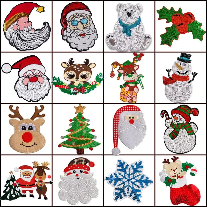 Big Sequined Christmas Appliques Bear Reindeer Santa Snow Tree Cartoon Iron on Patches Festival Decorative Stickers for Clothing