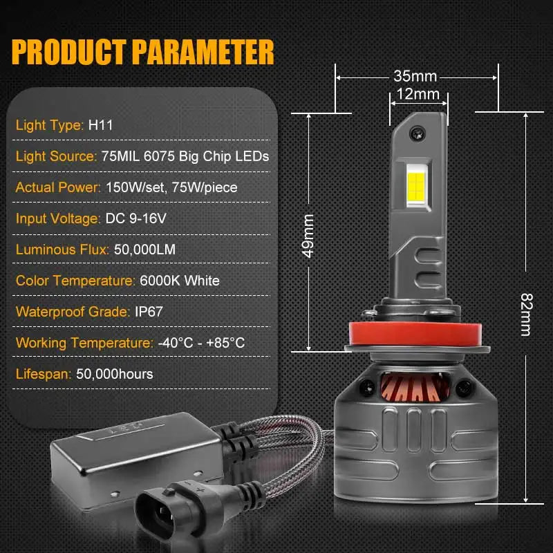 150W 50000LM H7 H11 LED Headlight Bulb 9005 9006 Turbo Headlamps 6000K White Headlights Bulb For Auto Lamp Bulb Accessories