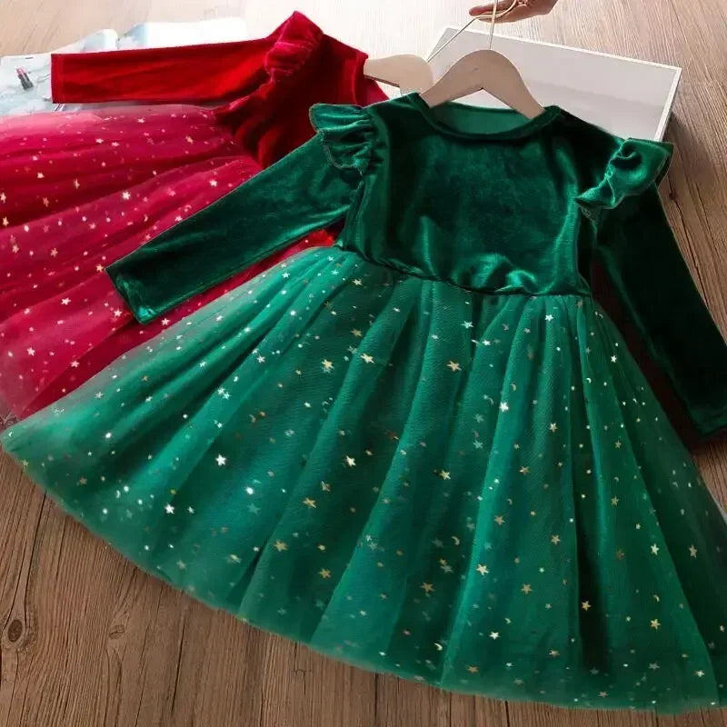 Children Christmas Dress for Girl Sequin Star Mesh Princess Dresses Red Christmas Clothes Kids 2025 New Years Party Costume 3-8Y