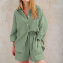 Cotton Pajamas For Women Sets Suit Casual Sleepwear Turn-Down Collar Nine Quarter Sleeve Sleep Tops Shorts Female Homewear 2023