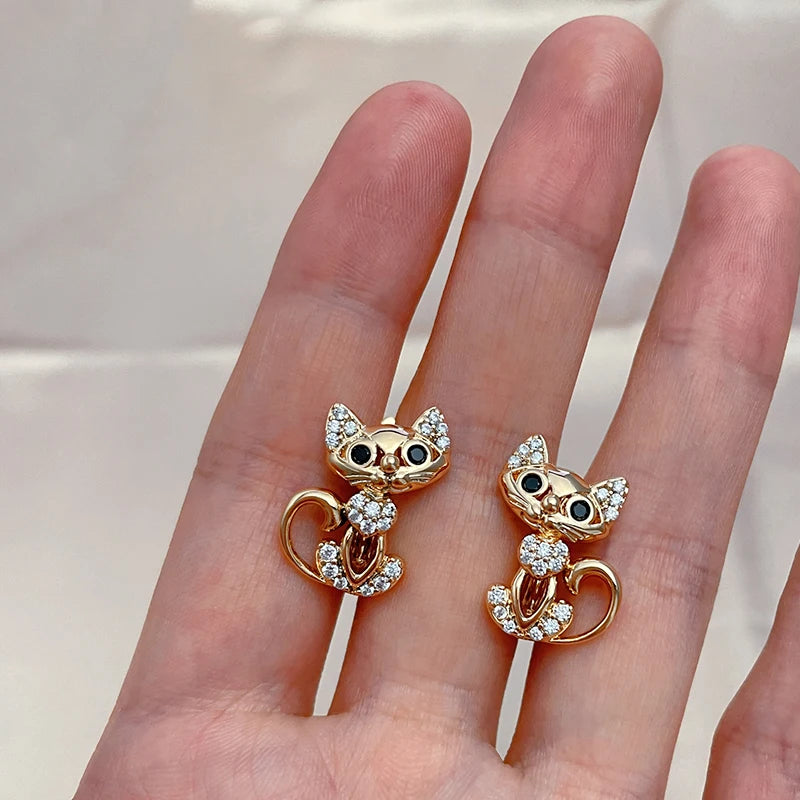 SYOUJYO Fashion Retro Cute Kitten Earrings For Women 585 Rose Golden Natural Zircon Micro Wax Inlaid Daily Party Fine Jewelry