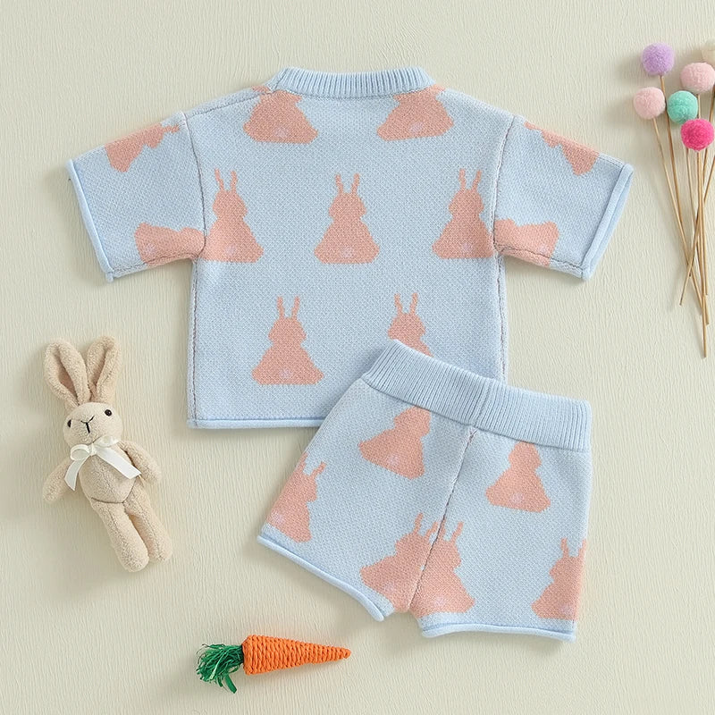 Adorable Baby Girls Easter Outfit with Bunny Print Knit Short Sleeve Top and Elastic Shorts Set - 2 Piece Cute Clothing