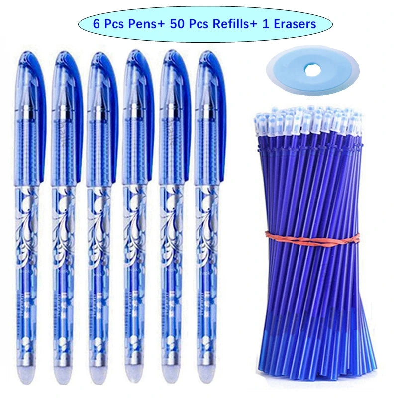 57Pcs/Set Erasable Gel Pens Black Blue Refill Rod 0.5mm Ballpoint Pen Washable Handle School Office Writing Supplies Stationery