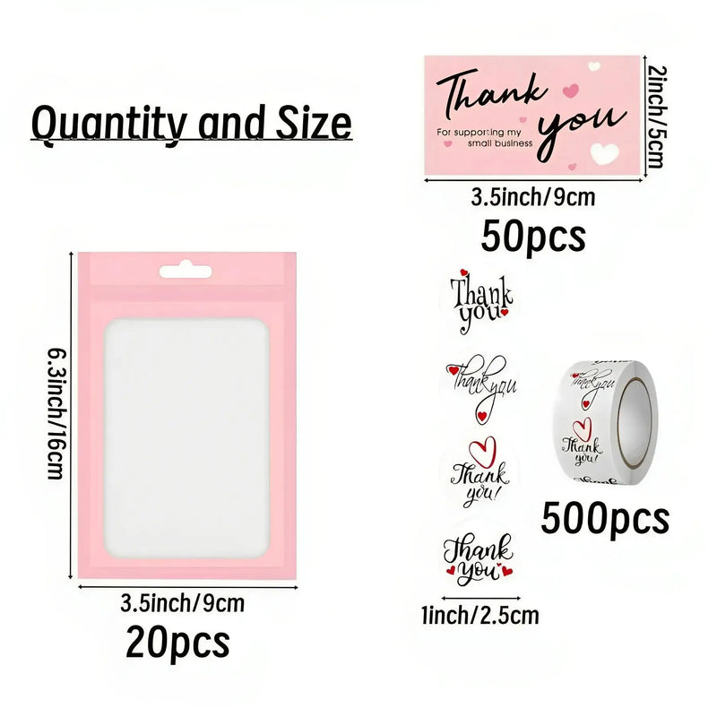 570 Pcs Laser Thank You Business Cards Stickers Kit, Include 50pcs Business Card 500pcs Thank You Stickers 20pcs Resealable Pack