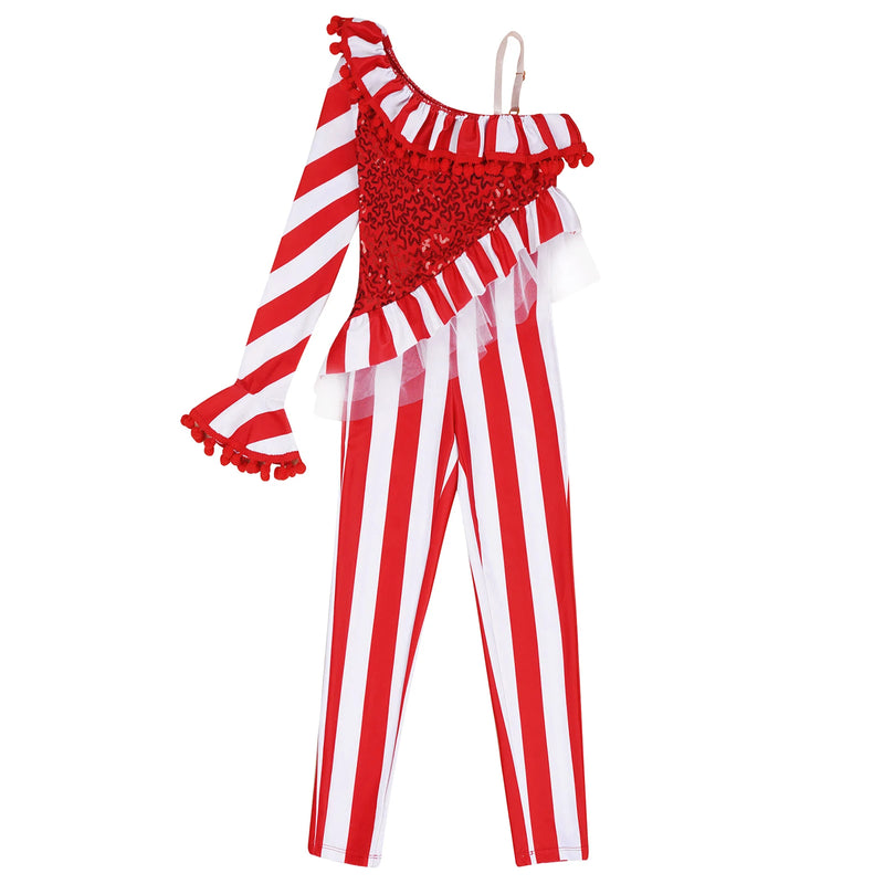 Kids Girls Christmas Jumpsuit Ballet Gymnastics Leotard Sequin One Shoulder Striped Bodysuit Halloween Circus Cosplay Costume