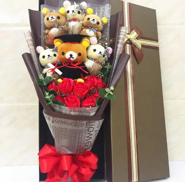 Graduate  Teddy Bear Stuffed Animal Plush Toy Lover Rilakkuma With graduation Flower Bouquet Gift Box Birthday Graduation Gifts