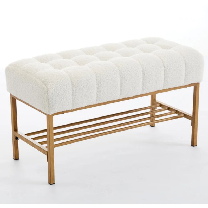 Teddy fabric Upholstered Storage Shoe Bench, Modern Bedroom Bench with Metal Legs for Living Room, Entryway, Dining Room,