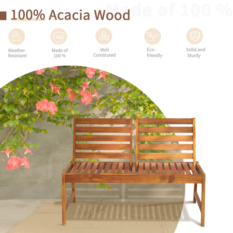 Acacia Wood Outdoor Patio Bench with Adjustable Backrest, 2-Person Park Bench Garden Bench Front Porch Bench
