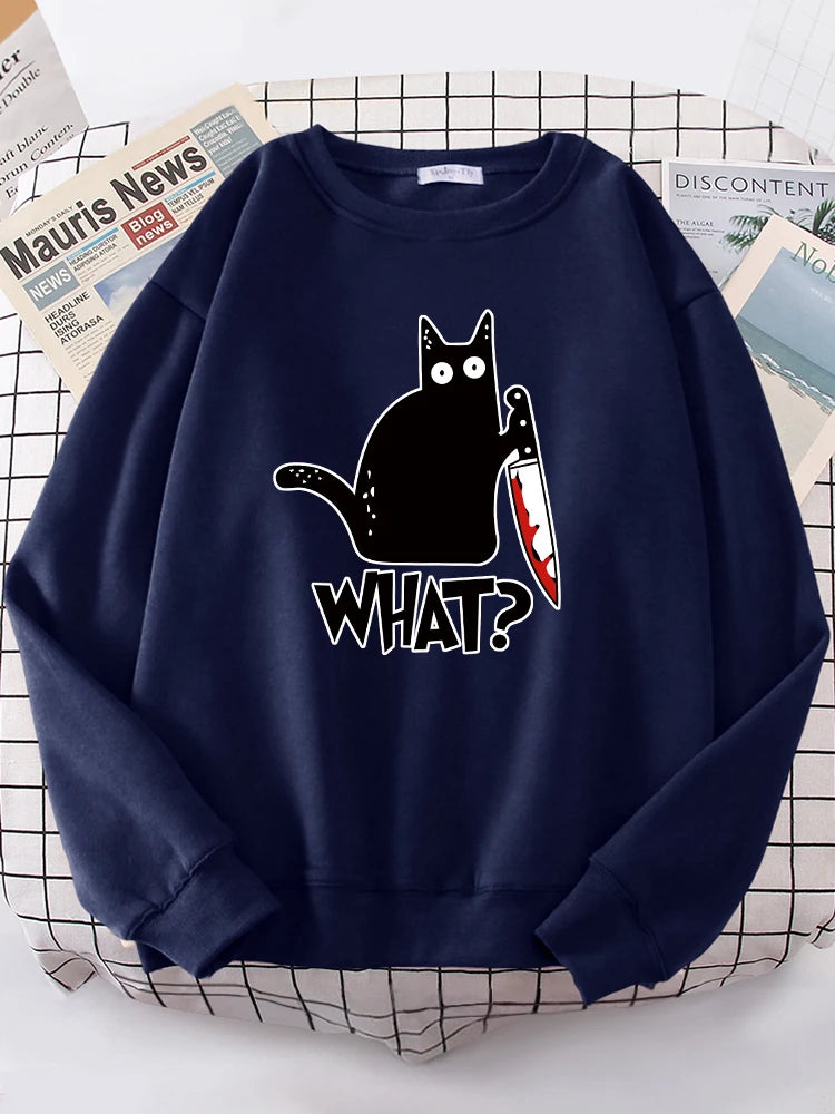 Kitchen Knife Black Cat Wha? Women Sweatshirt Harajuku Casual Hoody Fashion Loose Hoodie Soft Warm vintage Fleece Female Tops