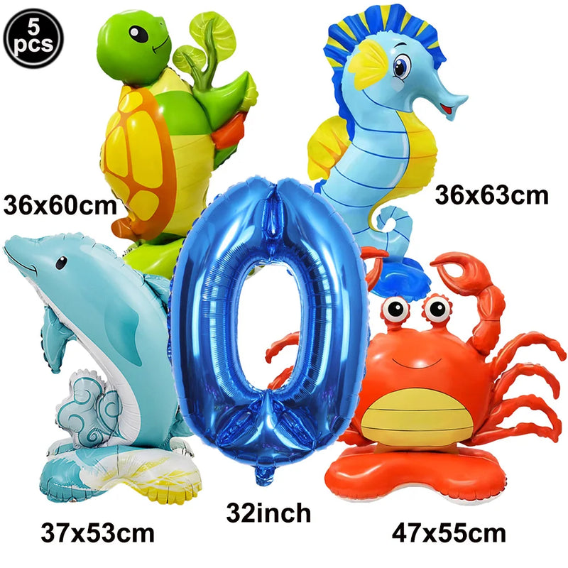 5pcs Cute Sea Animal Balloons Include Crab Seahorse Dolphin Turtle Shape Balloon Under The Sea Party Decors for 1st Birthday