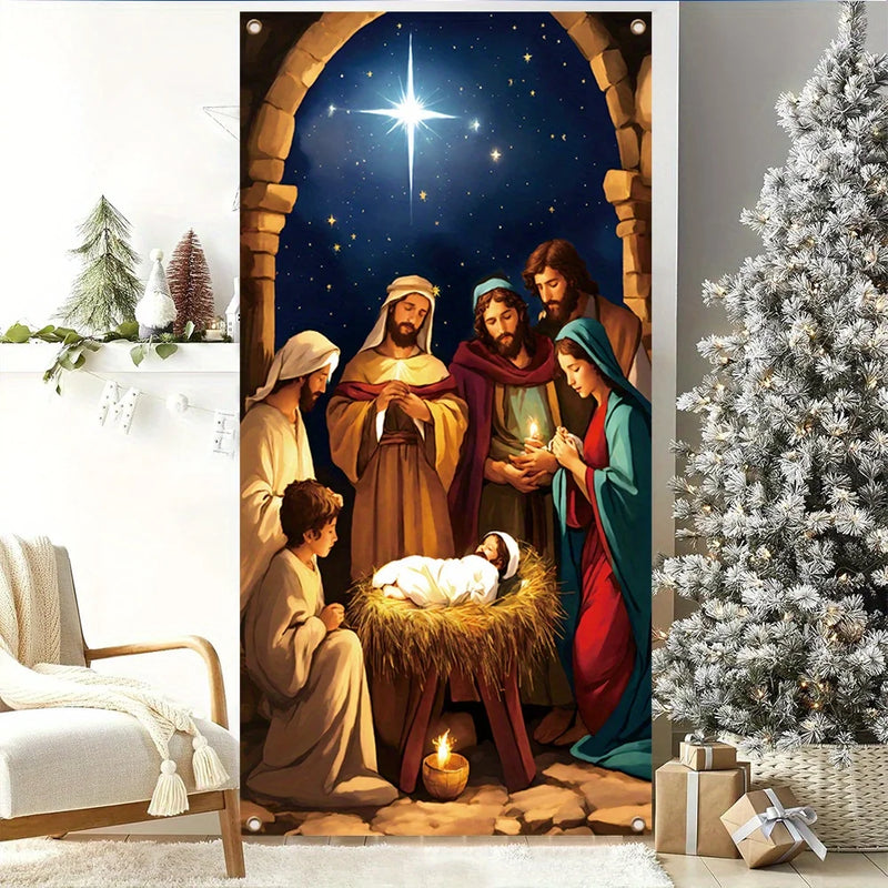 Merry Christmas banner with Shining stars Nativity scene - durable polyester, front door decoration and New Year celebration