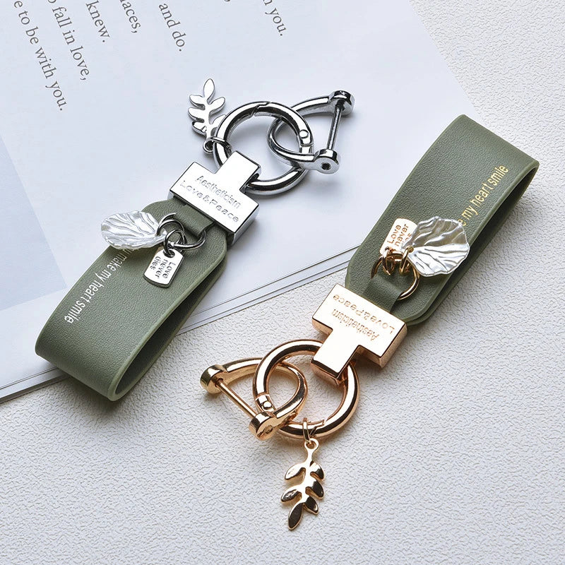 New Creative Leaf Shell Pendant Keychain PU Leather Key Ring Women Men Car Key Phone Charm Holder Business Party Gift Trinket