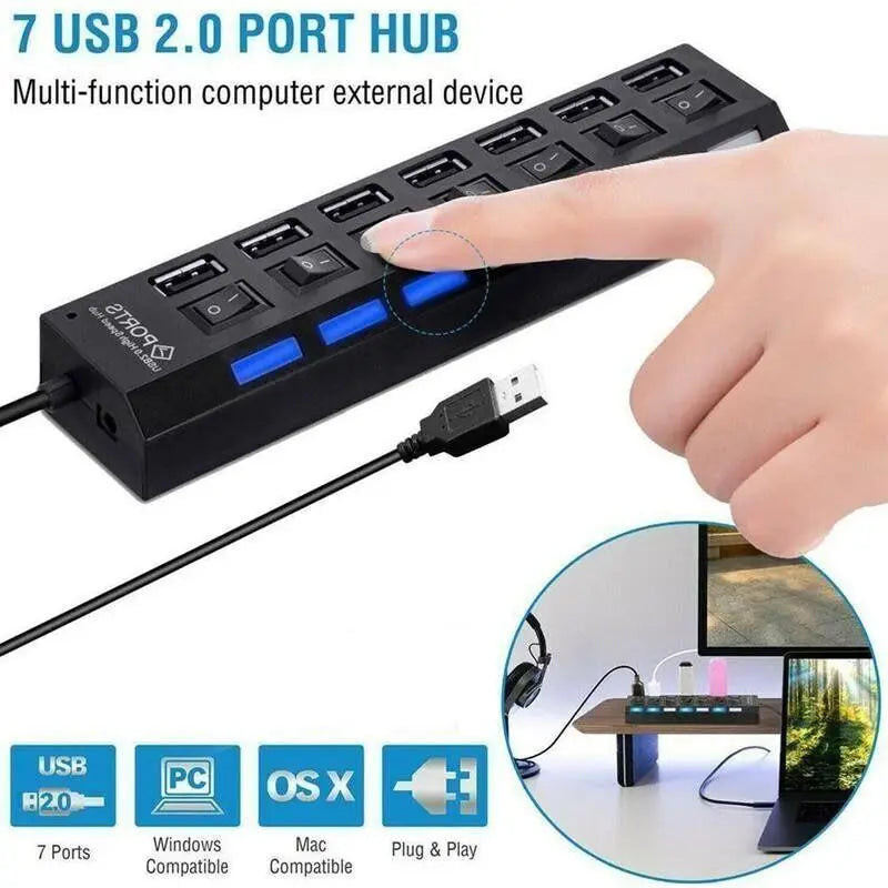 USB Hub 7-in-1 Adapter Multi Ports Use Power Adapter Extensor USB 2.0 PC Computer Accessories Switch USB for Pc Usb Port Laptop
