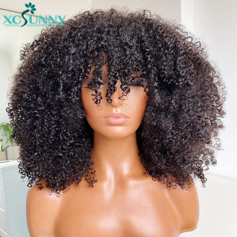 Afro Kinky Curly Bob Wig Human Hair Wigs With Bangs 200 Density Remy Brazilian Scalp Top Curly Human Hair Wigs For Women Xcsunny