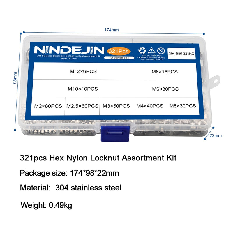 NINDEJIN Lot de 321 écrous de blocage en nylon 304 en acier inoxydable M2 M2.5 M3 M4 M5 M6 M8 M10 M12 Kit d&#39;assortiment d&#39;écrous hexagonaux autobloquants