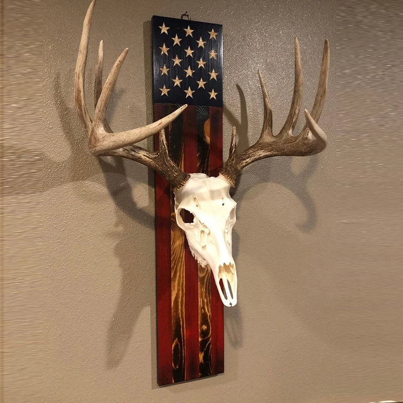 European Deer Mount Plaque Prey Display Rack Home Decoration Wooden Background Stars And Stripes Patterns Home Decor In Stock