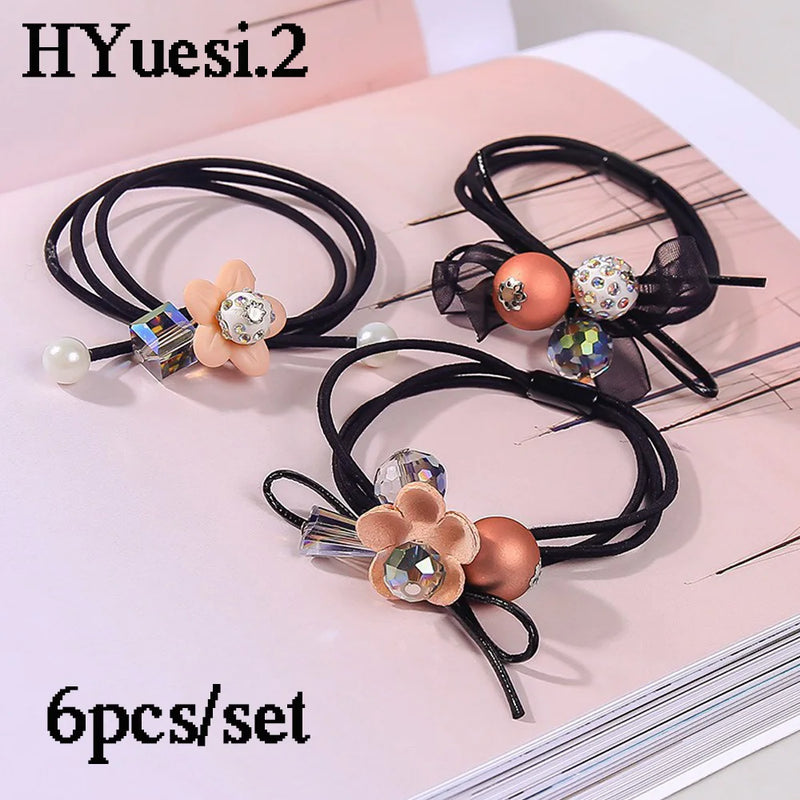 6pcs/Set Crystal Ball Beaded Hair Ties Elegant Bowknot Ribbon Hair Ropes Women High Elastic Three Layers Ponytail Rubber Band