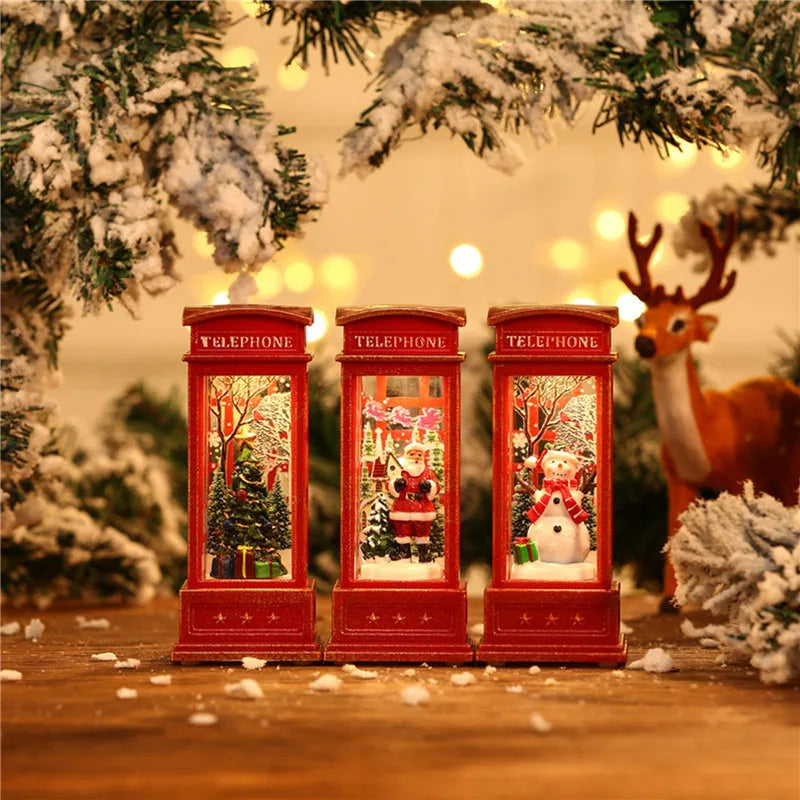 1Pc Christmas Light-Up Maroon Phone Booth With Santa Decorative Christmas Themed Snow Globe Light For ChristmasDecorative