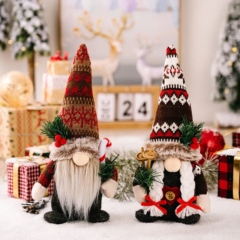 Christmas Creative Plush Gnome Knitted Hat Holds Pine Branch Rudolph Doll Male Female Style New Xmas Faceless Oldman Decorations