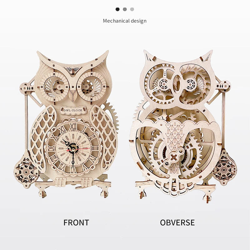 Wooden Puzzle 3D Owl Clock Model Building Kits Creative DIY Wall Clock Mechanical Retro Pendulum Clock Assembly Toy for Adults