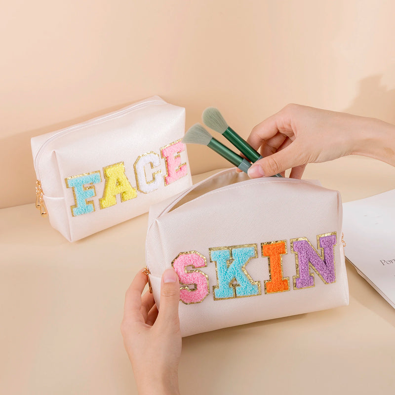 Women Girls Preppy Patch Waterproof Chenille Letter Skincare PU Leather Portable Makeup Cosmetic Toiletry Bag for Daily Use