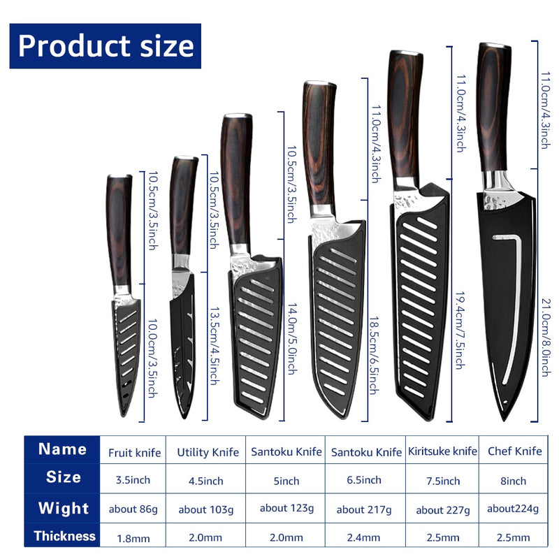 Kitchen Knife Japanese Chef Knives Set 7CR17 High Carbon Stainless Steel Full Tang Hammer Pattern Meat Cleaver Utility Santoku K