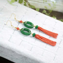 Natural Green jade Red coral beads Circle fringe Earrings FOOL'S DAY Lucky Ear stud Diy New Year Halloween Hook VALENTINE'S DAY