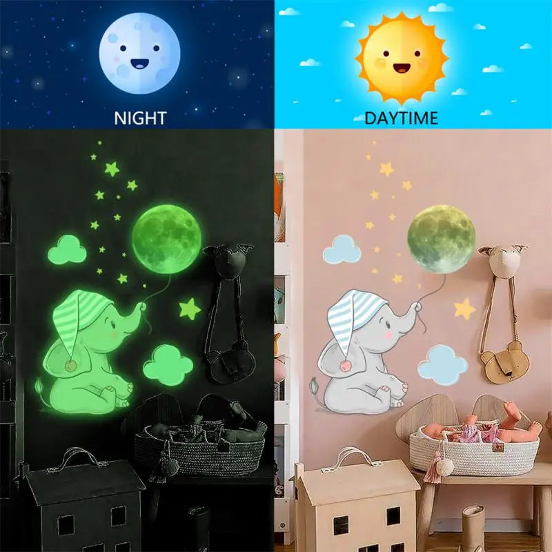 Moon Baby Elephant Luminous Wall Sticker Baby Kids Room Bedroom Decoration Decals Glow In The Dark Home Decoration Stickers