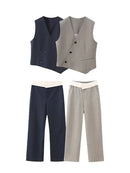 HH TRAF Female V-neck Waistcoat Pants Suit Asymmetric Sleeveless Single Breasted Vest Casual High Waist Straight Leg Loose Pants