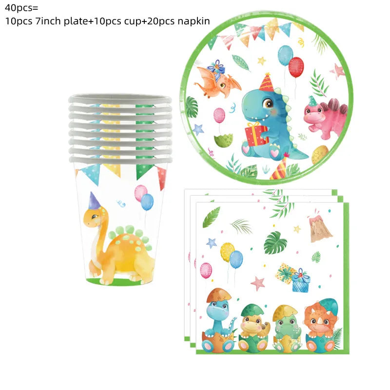 Dinosaur Birthday Disposable Tableware Set Dinosaur Plates Cups Napkins Banner for Boys Dinosaur Party Decoration Jungle Safari