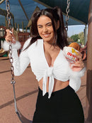 2025 long sleeve fur V-neck wrapped bandage sexy crop tops autumn winter women streetwear club party outfits T-shirts